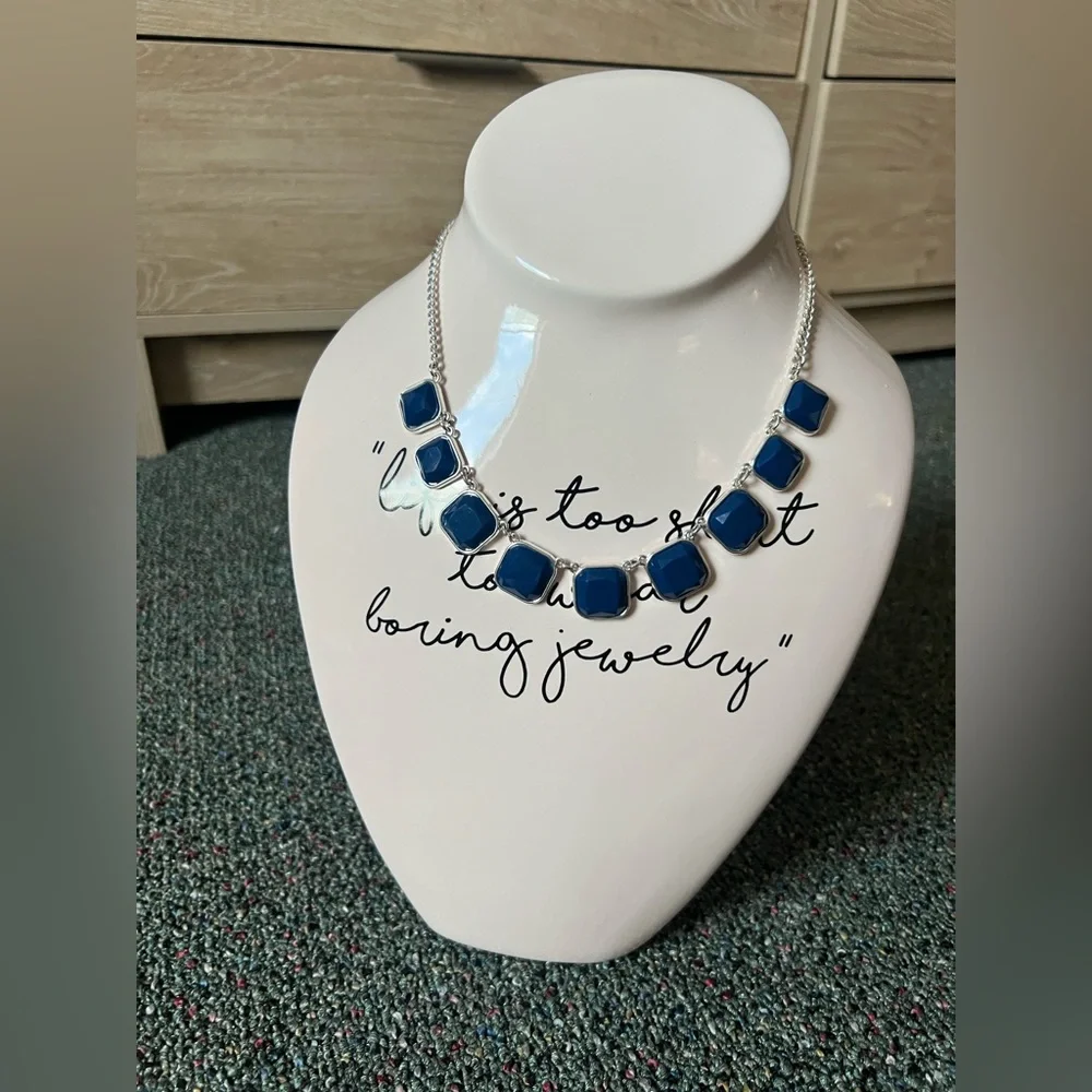 Vintage 2010s Square Cut Navy Blue Stone Bezel Facets Silver Statement Necklace